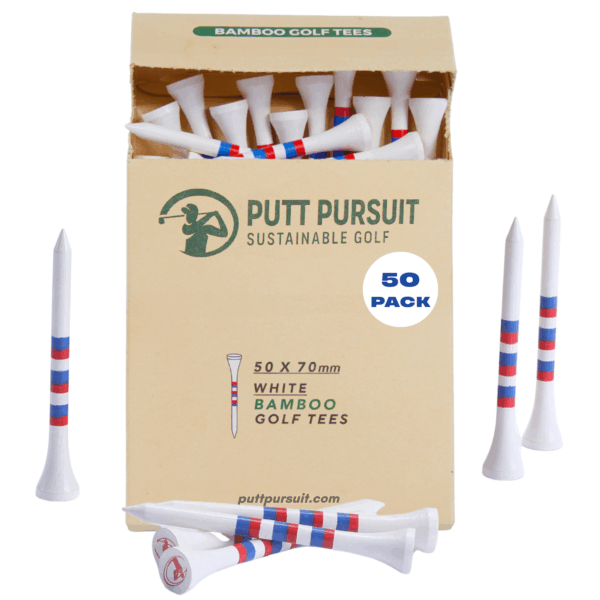 Bamboo White Golf Tees with red and blue stripes